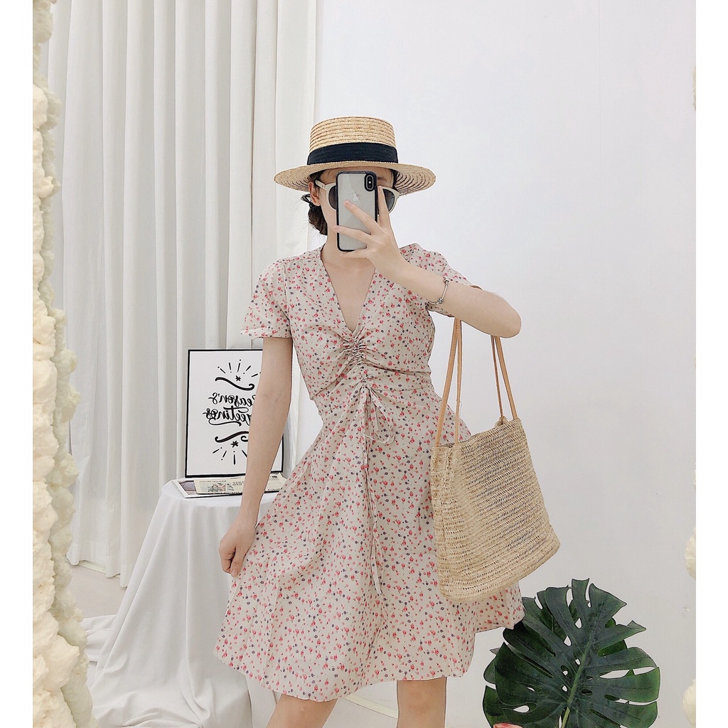 Đầm Xinh Bling Dress hoạ tiết hoa nhí rút dây nhẹ nhàng - váy thiết kế có bo chun eo co giãn xoè nhẹ cổ chữ V