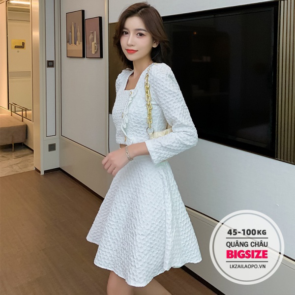 CHANEL Đầm Nữ Ca Rô Dài Tay Cổ Vuông Lưng Cao Thời Trang