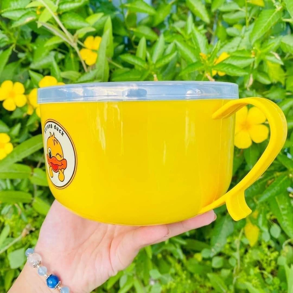 Bát úp mì màu vàng xanh lõi inox giữ nhiệt cao hình chú vịt vàng đáng yêu