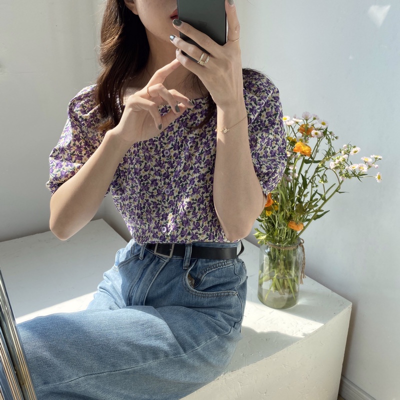Áo Sơ Mi chiffon Tay Ngắn In Họa Tiết Hoa Tươi Mới Phong Cách Hàn Quốc Cho Nữ