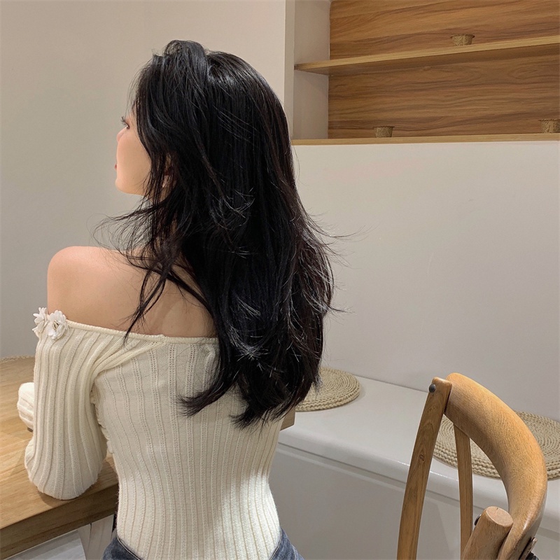 Áo Sweater Dệt Kim Trễ Vai Tay Dài Dáng Ôm Hoạ Tiết Hoa Trẻ Trung Quyến Rũ