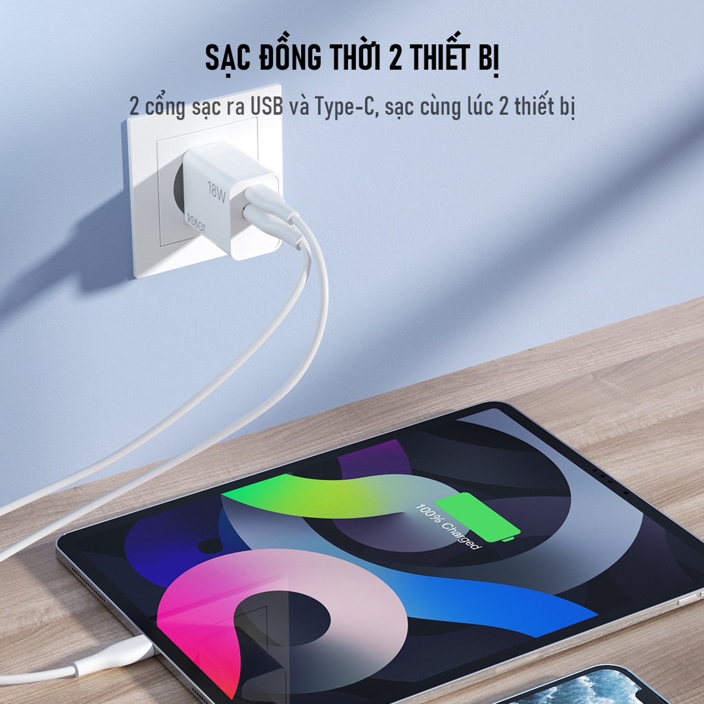 Cốc Sạc Nhanh ROBOT 18W 2 Cổng USB-A Type-C RT-F2 Hỗ Trợ Sạc 2 Thiết Bị Cùng Lúc Dòng Hàng Chính Hãng