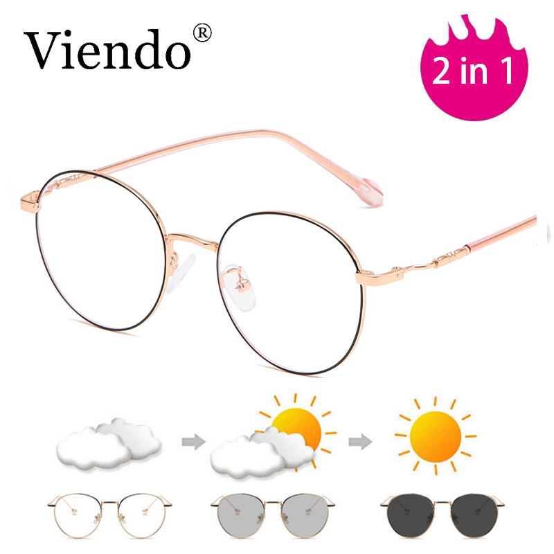 Kính cận VIENDO gọng tròn kim loại tròng đổi màu chống ánh sáng xanh chống UV cao cấp thời trang Hàn Quốc cho nam và nữ