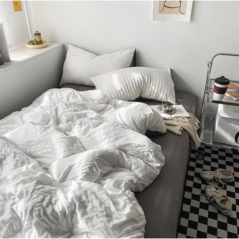 Set chăn ga 4 món cotton đũi dúm kẻ sọc