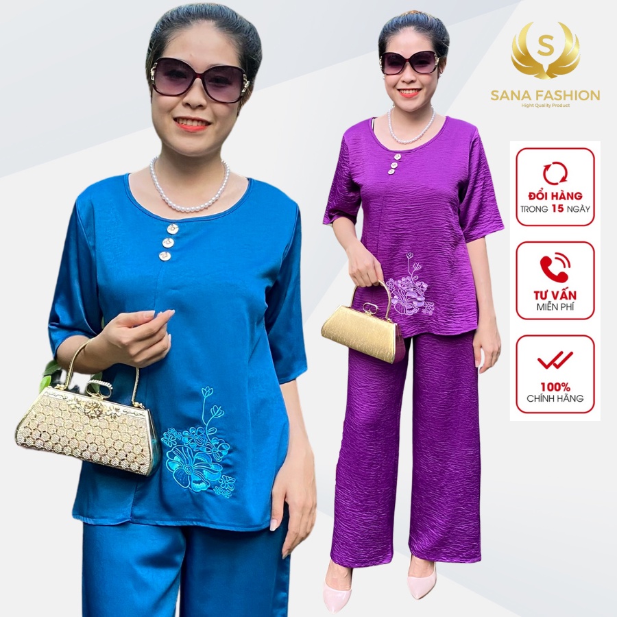 Đồ Bộ Trung Niên Nữ Set bộ Mặc Nhà Sang Trọng Cho Mẹ chất Cát Nhung thêu hoa PT.01