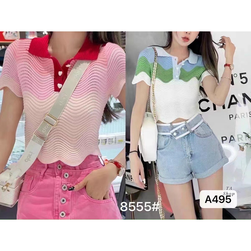 Áo len mongtoghi loang pha màu vạt sóng khuy tim
