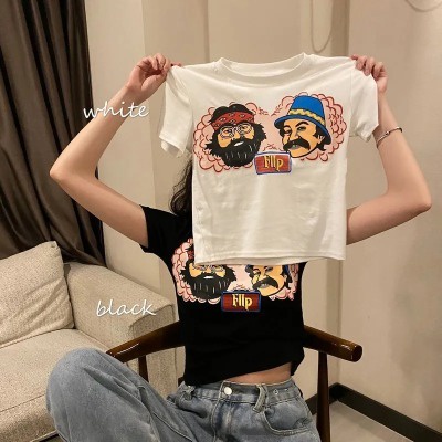 Áo Thun Lửng Ngắn Tay In Họa Tiết Dễ Thương