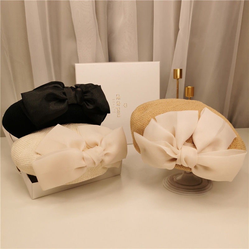 Mũ Beret Phối Lưới Thoáng Khí Đính Nơ Phong Cách Vintage Pháp Thời Trang Mùa Hè Cho Nữ