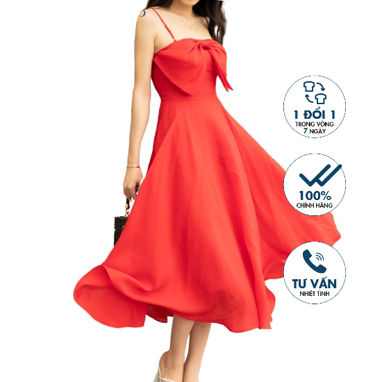Đầm xòe hai dây, nơ bản to đính ngực Emspo DS4009