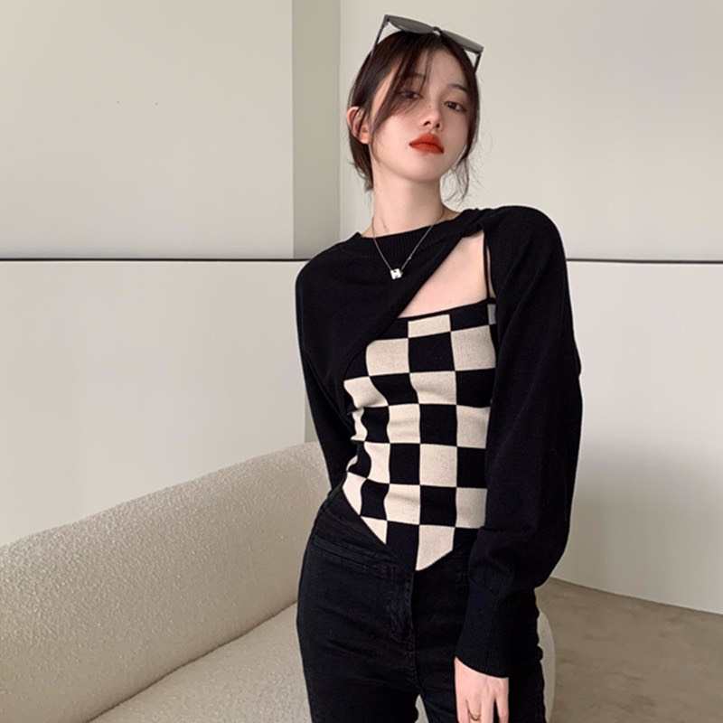 ❏Set 2 món áo caro vạt chéo tay bồng trẻ trung cá tính/ yếm dây kèm dài khoét ngực quyến rũ_2su