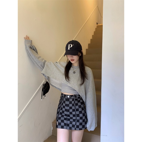 Áo sweater Mỏng Dáng Rộng Thiết Kế Mới Hàn Quốc Cá Tính Hở Rốn Màu Xám Cho Nữ