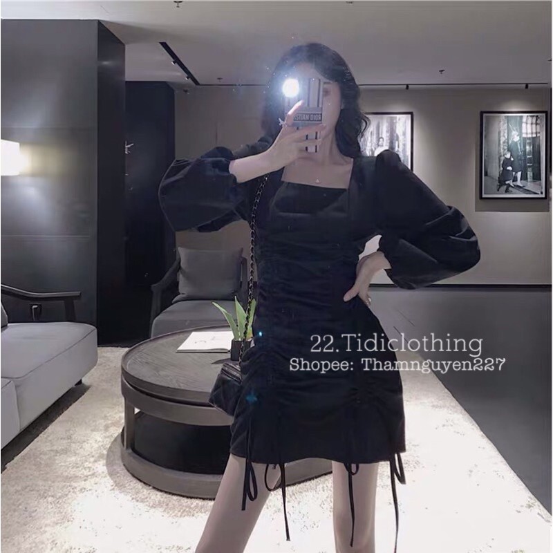 Đầm body phối dây rút ôm tôn dáng style Ulzzang, chất đẹp, tay dài bo thun co giãn tốt có Bigsize