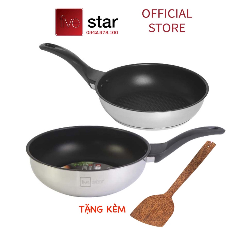 Bộ 2 chảo chống dính bếp từ cao cấp Fivestar 3 đáy 24cm - 26cm - 28cm ( chảo chiên x chảo sâu lòng ), tặng 1 sạn dừa