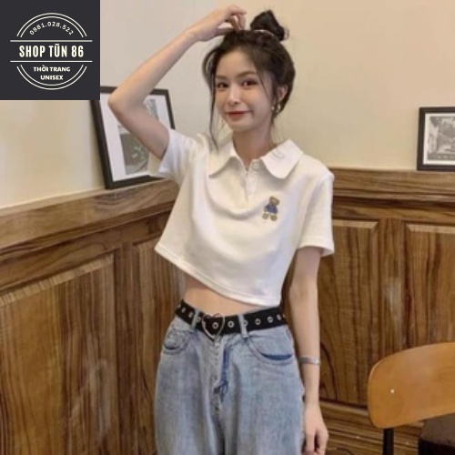 Áo croptop cộc tay dưới 55kg cocastore - Áo polo thêu hình con gấu