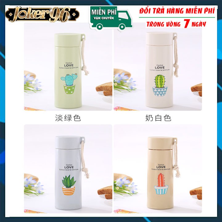 Bình giữ nhiệt in hình xương rồng 450ml lõi thủy tinh bọc và nhựa lúa mạch có dây sách tiện dụng