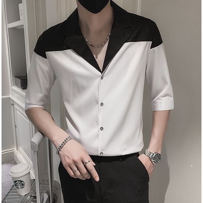 Áo sơ mi nam trắng phối đen Classic Cổ Vest, sơmi phong cách Hàn Quốc lịch lãm SH032 | BigBuy360 - bigbuy360.vn