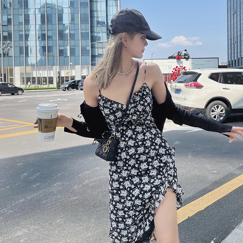 Đầm Hai Dây Eo Cao In Hoa Phong Cách retro Thời Trang Hàn Quốc