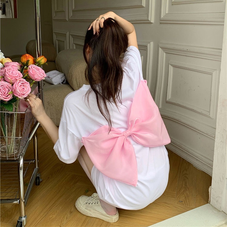 Áo Thun Tay Ngắn Dáng Rộng Phối Nơ Sau Lưng Thời Trang Mùa Hè Dành Cho Nữ