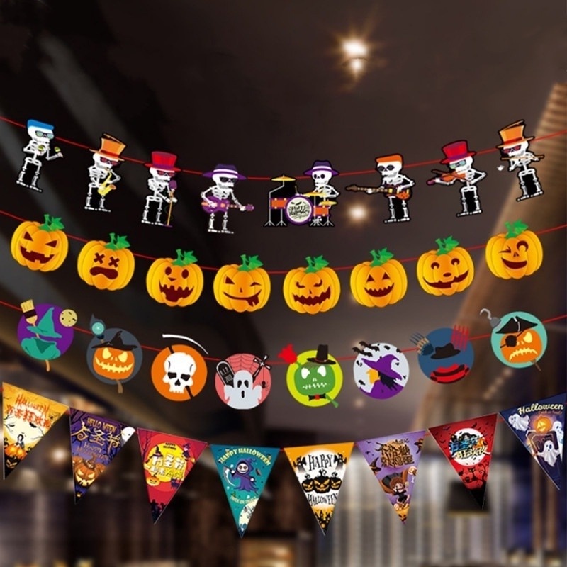Dây Cờ Treo Trang Trí Halloween Chủ Đề Đầu Lâu Bí Ngô