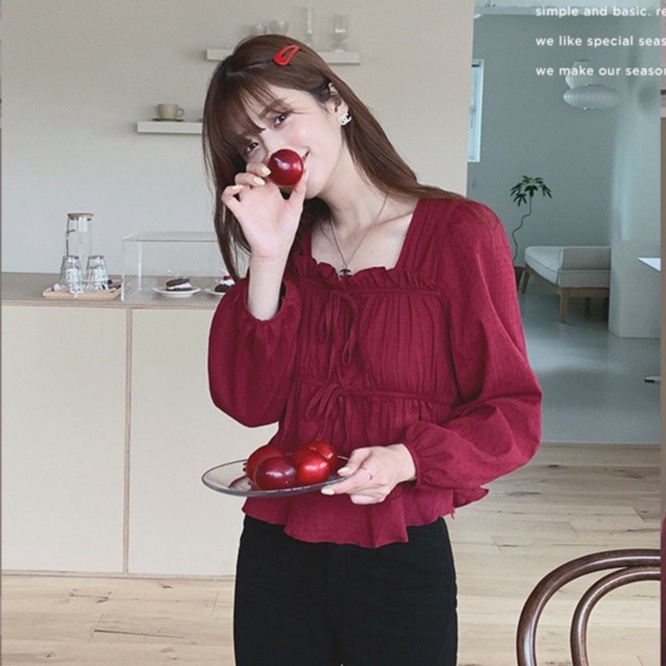 Áo kiểu SUXI vải cotton tay dài kiểu cổ vuông phối ren thời trang phong cách Hàn Quốc cho nữ