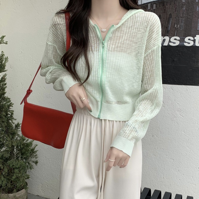 Áo Khoác Cardigan Dệt Kim Tay Dài Vải Lụa Mát Xuyên Thấu Thời Trang Cho Nữ