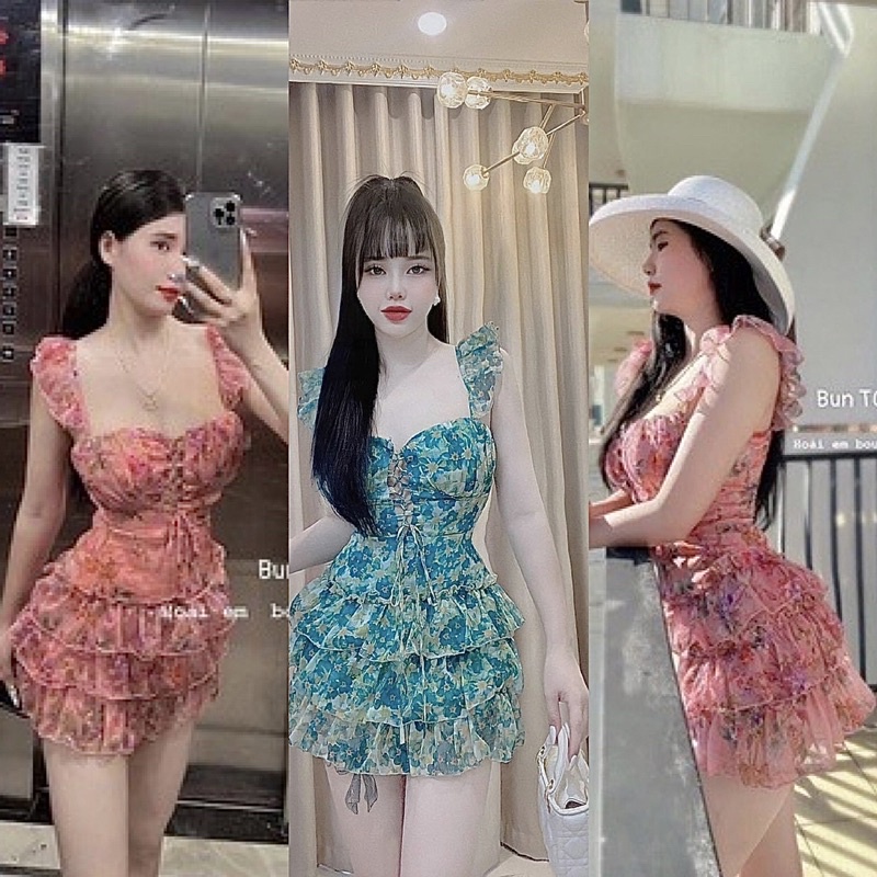 Đầm 2 Dây Cánh Tiên Babydoll Kẻ Caro Hồng 2 Tầng Bèo Vai Đính Hoa Nổi Freesize