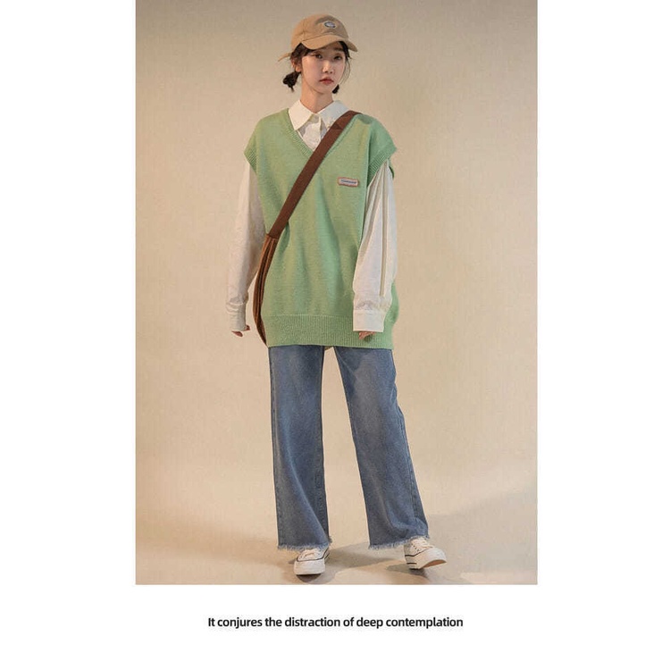 Bộ áo sweater không tay và áo sơ mi tay dài phối màu nhã nhặn cho nữ