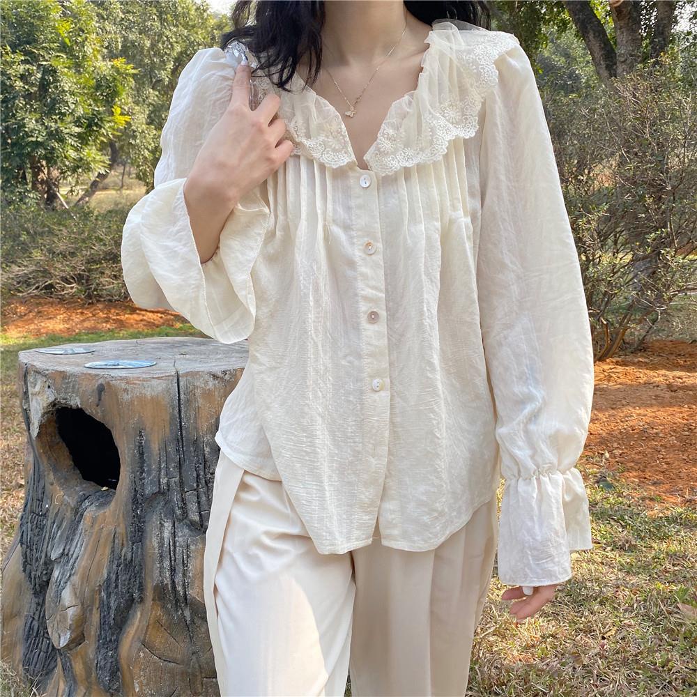 Áo kiểu BH tay dài phối ren hoa thiết kế dáng rộng thoải mái