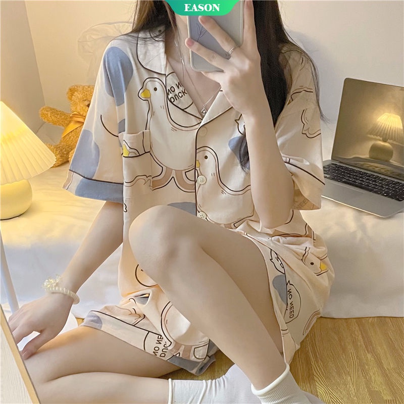Bộ Đồ Ngủ Tay Ngắn Dáng Rộng In Họa Tiết Hoạt Hình Chú Vịt Dễ Thương Thời Trang Mùa Hè Xinh Xắn Cho Nữ