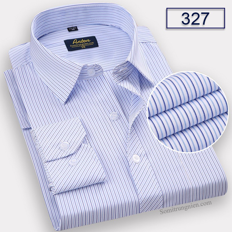 Áo Sơ Mi Nam Công Sở Trung Niên Thương Hiệu Anton Dài Tay Vải Cotton Kẻ Sọc Đôi Màu Xanh - 327 - Hàng mới về