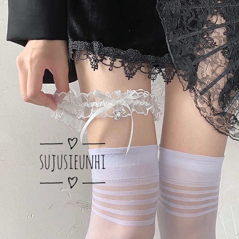 Vòng choker đeo đùi hoặc cổ ren nơ nhỏ đính đá hình tim