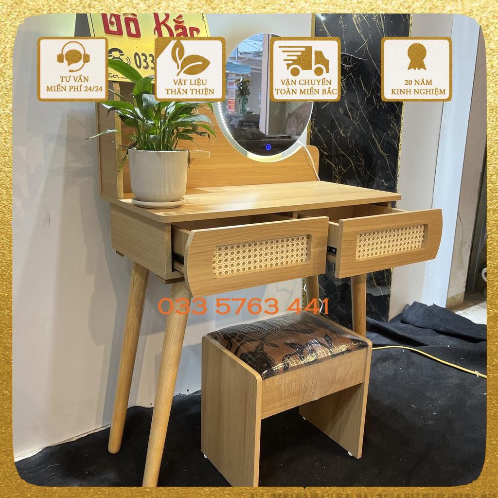 Bàn trang điểm chân chéo gỗ sồi, vận chuyển toàn quốc kiểu dáng vitange kết hợp cánh mây và gương led cảm ứng
