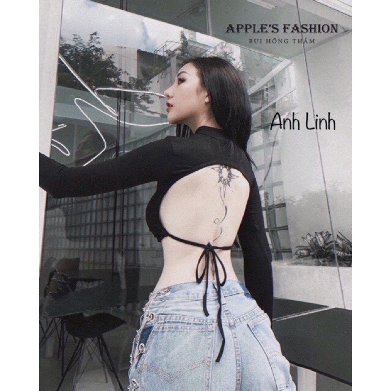 Áo croptop tay dài ôm body , kiểu hở lưng cột nơ cực xinh , chất thun bozip mềm mịn mát kèm mút ngực tiện lợi