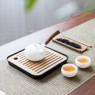 Khay trà bằng gỗ tre phong cách Nhật Bản cao cấp Khay để bàn trà decor hình vuông kích thước 20*20 có khay hứng nước