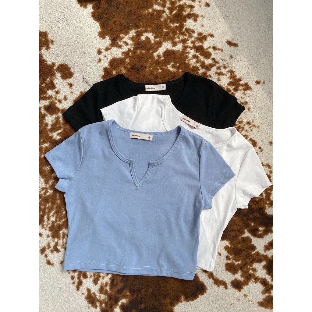 Áo croptop cổ tròn khoét V cộc tay thun Mia Ritta A2075 Ảnh thật