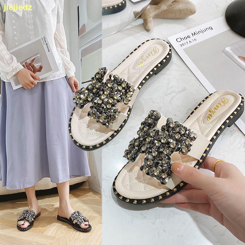 Dép Lê Đế Bằng Đính Đá Kim Sa Lấp Lánh Thời Trang Đi Biển Mới Cho Nữ 41