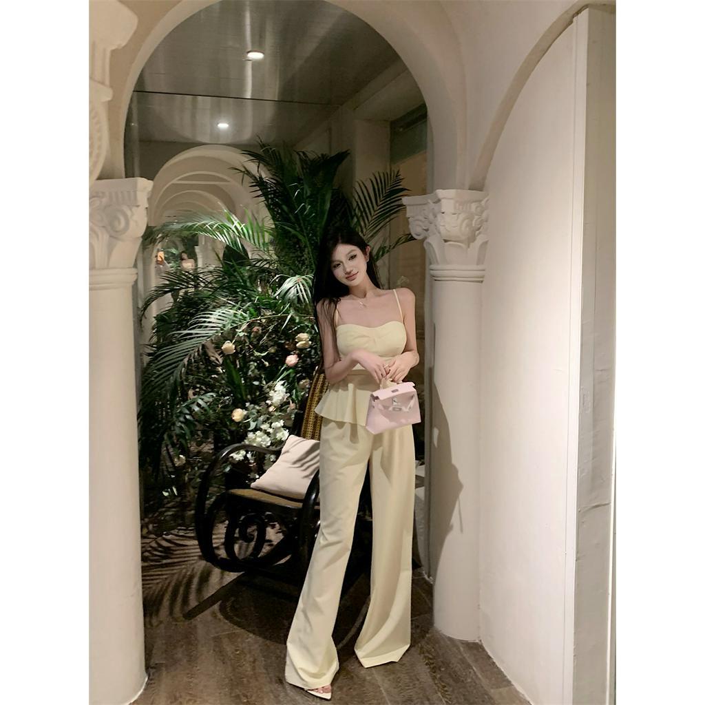 Set Áo Hai Dây + Quần Dài Ống Rộng Lưng Cao Thời Trang Cho Nữ