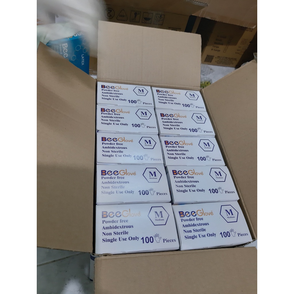 Găng tay cao su cổ tay dài 27 cm Hộp 50 đôi 100 chiếc NITRILE không bột 4.0g & có bột BEE GLOVE chính hãng Màu Trắng kem