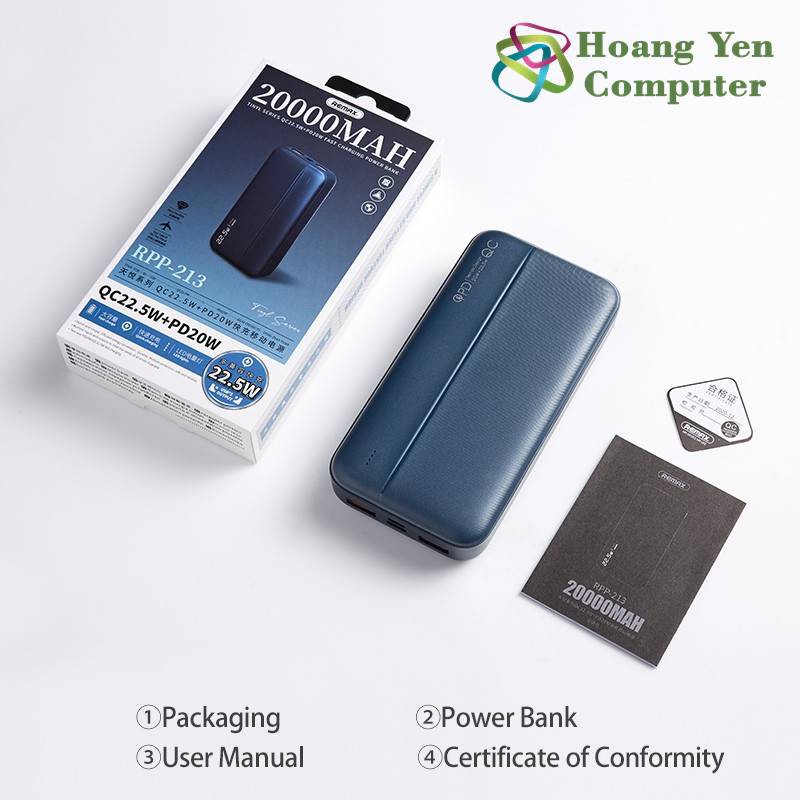 Sạc Dự Phòng Remax RPP-213 20000Mah (Sạc Nhanh QC3.0 18W, 22.5W, PD 20W, VOOC 2.0) - BH 1 Năm - Hoàng Yến Computer