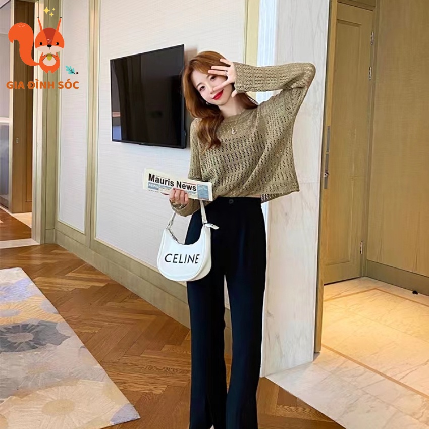 Áo Sweater dệt kim mỏng tay dài, dáng rộng phong cách Hàn Quốc