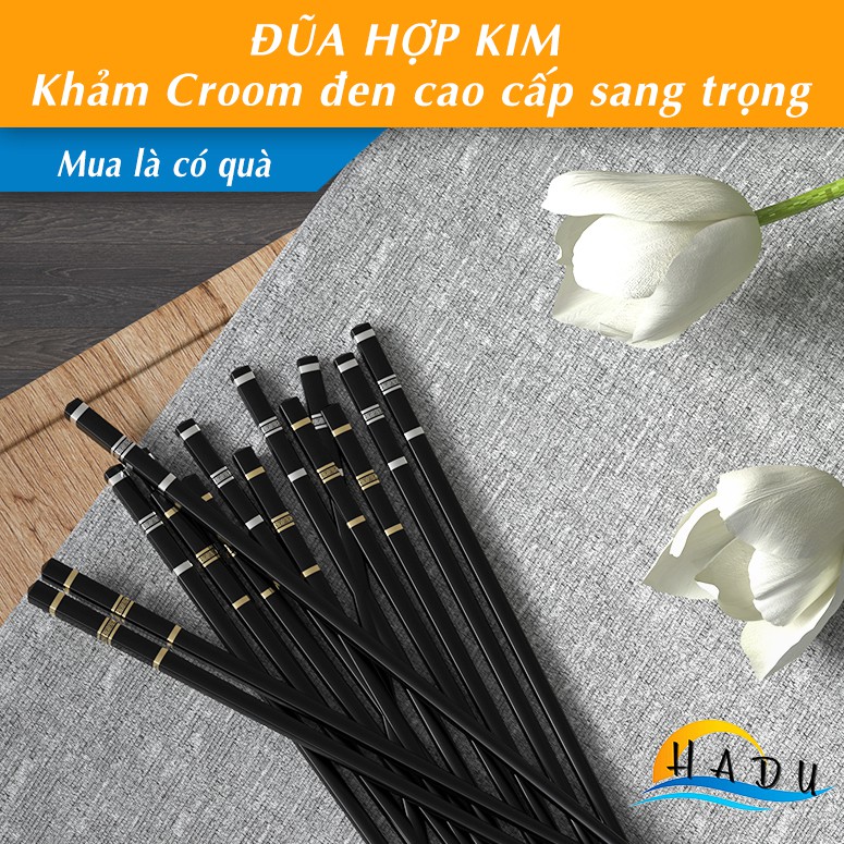 [FLASH SALE 3 NGÀY] Đũa hợp kim HADU khảm Crôm đen chống trơn chống nước chống cong vênh sang trọng HDS035 (Hộp 10 đôi)