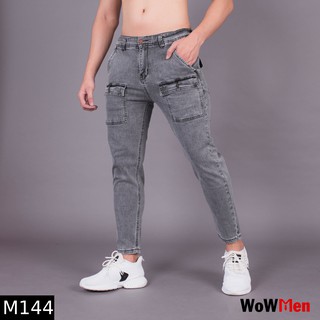 Quần Jean Nam Ống Ôm Co Giãn Form Lửng Cropped Túi Hộp Xám Cao Cấp - M144