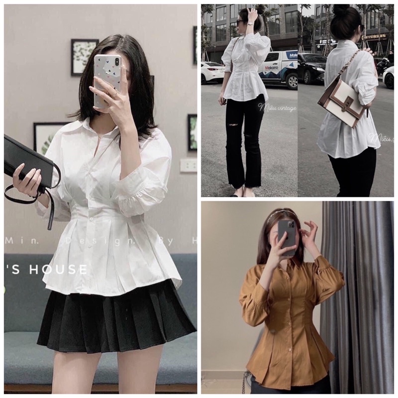Áo sơ mi chiết xếp ly eo tôn dáng, Áo sơ mi kiểu nữ 2 màu dáng free size