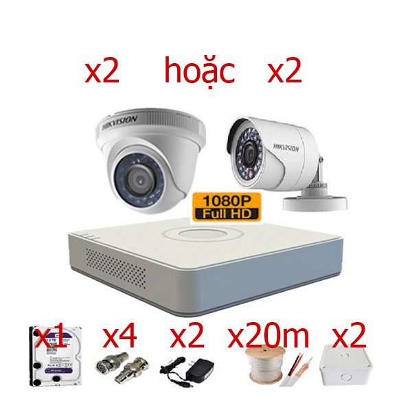 Trọn bộ 2 Camera Hikvision FULL HD1080P (2MP)