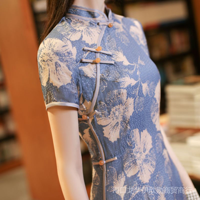 Đầm Sườn Xám Cách Tân Tay Ngắn In Hoa Nhỏ Phong Cách Trung Hoa Cổ Điển Thời Trang Dự Tiệc Cho Nữ Chân Váy Phong Cách Trung Hoa Độc Đáo