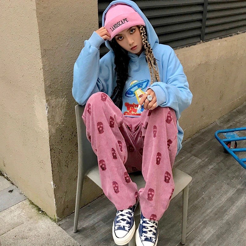 Quần jogger nhung tăm dáng thụng hoạ tiết mặt người phong cách ulzzang kèm ảnh thật