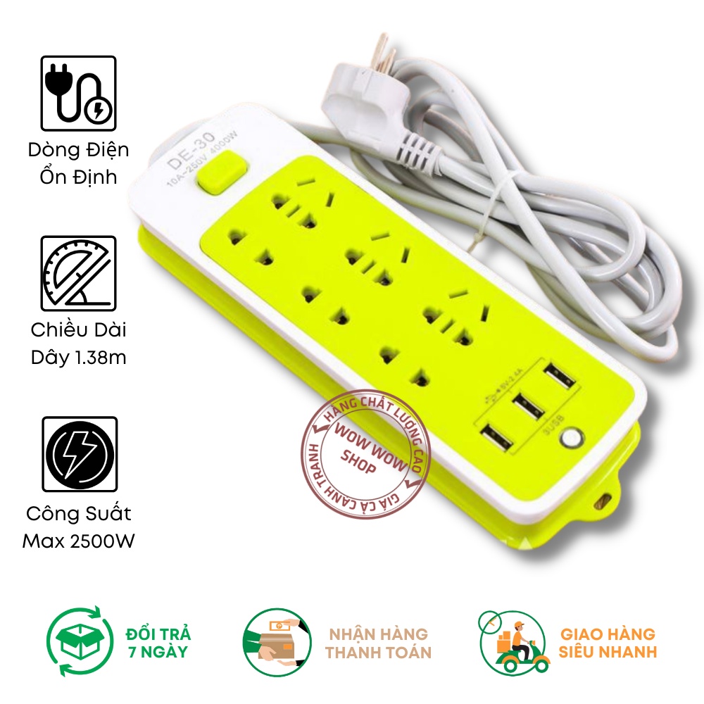 Ổ Cắm Điện Chông Giật Đa Năng 6 Lỗ 3 Cổng USB