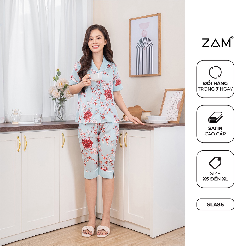 Bộ Pyjama satin ZAM Luxury - SLA86 - áo ngắn tay quần lửng hoạ tiết