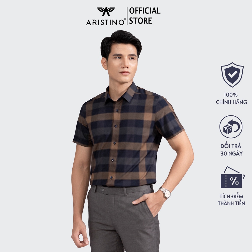 Áo sơ mi nam ngắn tay ARISTINO họa tiết kẻ nâu nam tính, lịch lãm - ASS083S2