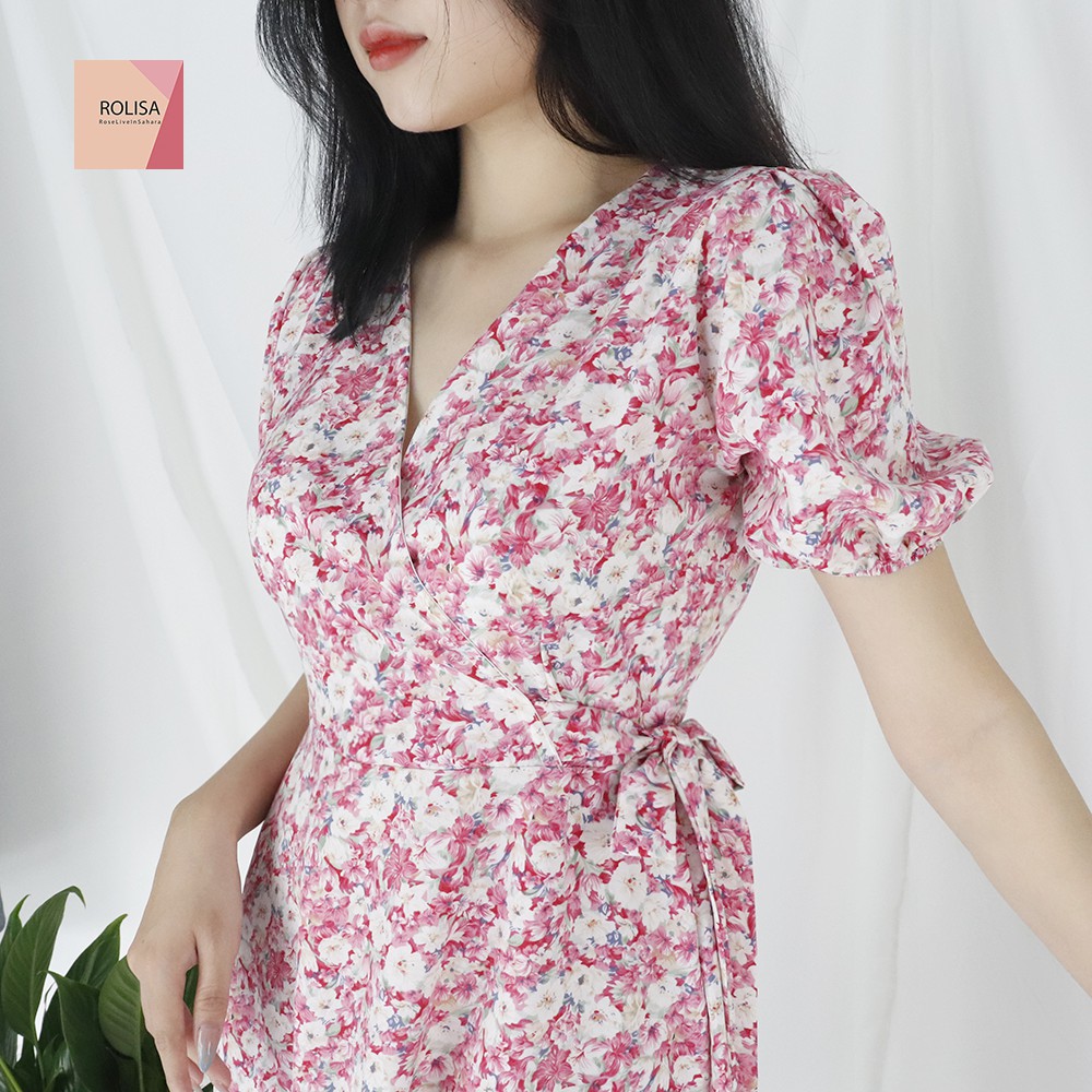 Đầm váy nữ hoa nhí dáng dài, cổ chéo dễ thương, xinh xắn Rolisa RD049 | BigBuy360 - bigbuy360.vn